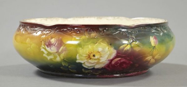 German Floral-Painted Earthenware Flower Bowl: German Floral-Painted Earthenware Flower Bowl/Jardiniere, 1896-1910, by Anton Mehlem, Bonn, in "Les Roses" decor, the base fully marked with the Mehlem transfer-printed initialed tower, underglaze, h.
