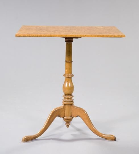 Victorian Burl Elm Center Table,: Victorian Burl Elm Center Table, third quarter 19th century, the rectangular top raised on a turned vasiform standard to three splayed legs ending in pad feet, h. 29-1/2", w. 27-1/2", d. 27-1/2".