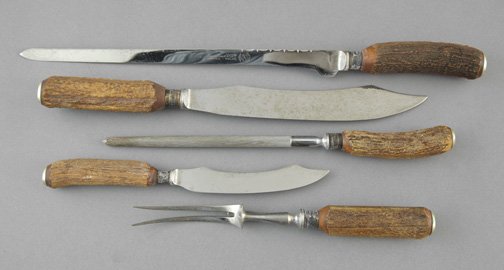 Antler-Handled Steel Carver's Set: Good English Five-Piece Antler-Handled and Silver-Collared Steel Carver's Set, first quarter 20th century, by Lewis, Rose and Company, Sheffield, comprised of long narrow-blade carving knife, l. 17-1/