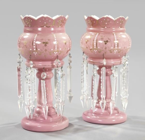 Large Pair of Bohemian Glass Lustres,: Large Pair of Bohemian Glass Lustres, fourth quarter 19th century, the gilded and white enamel-detailed cased rose-over-white glass lustres dressed with two registers of period "Back-cut Albert" glass