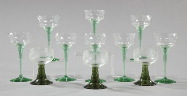 Eleven-Piece Collection of Glassware,: Eleven-Piece Collection of Glassware, consisting of an attractive set of eight tall German "Diamond Quilted" white wine goblets with transparent green stems, first quarter 20th century, h. 7"; and a t