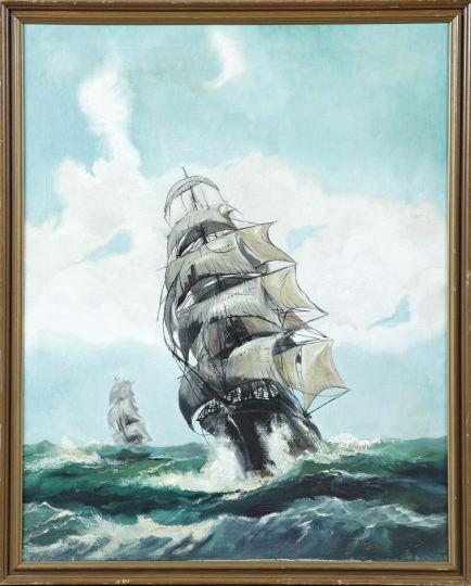 Dion Pears (British, 20th Century): Dion Pears (British, 20th Century) "Schooners on a Choppy Sea", oil on canvas, signed lower center, 36" x 28". Framed.