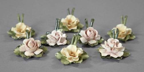 Capodimonte Porcelain Place Card Holders: Good Set of Eight Capodimonte Porcelain Place Card Holders, second quarter 20th century, in floral decor, comprised of four magnolia blooms and four pink rose blooms, all in the two original Bergdorf-
