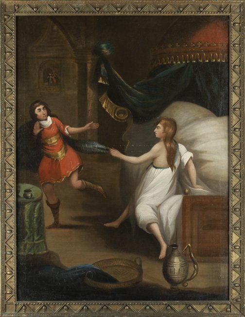 Continental School (Third Quarter 19th Century): Continental School (Third Quarter 19th Century) "Joseph Resisting Potiphar's Wife", oil on canvas, 49" x 36", unsigned. Presented in a period gadroon-carved and polychromed wooden frame with triangula