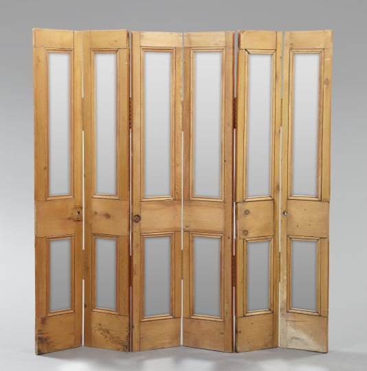 Provincial Pine Six-Panel Folding Room Divider: Provincial Pine Six-Panel Folding Room Divider, ca. 1900 and later, composed of old elements, one side with framed wood panels, the reverse side with mirrors, h. 77-1/2", w. 60", d. 1-1/4".