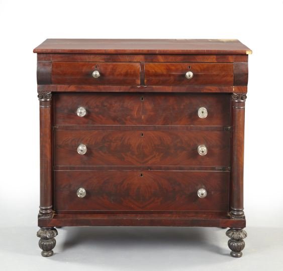 American Late Classical Revival Mahogany Chest: American Late Classical Revival Mahogany Chest of Drawers, second quarter 19th century, the case fitted with three graduated long drawers below a pair of protruding side-by-side drawers, flanked by tu