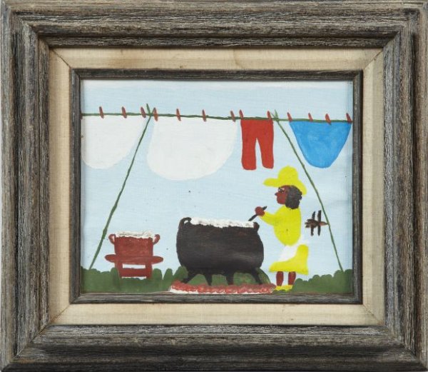 Clementine Hunter (American/Louisiana): Clementine Hunter (American/Louisiana, 1887-1988) "Wash Day", oil on paper, monogrammed lower right, 7-3/4" x 10". Presented in a polychromed hardwood frame.