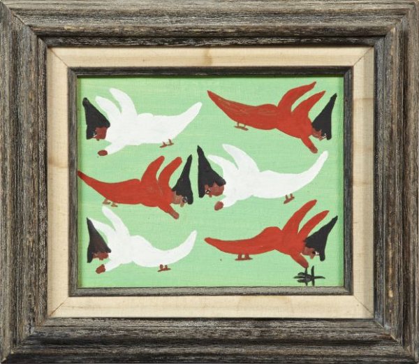 Clementine Hunter (American/Louisiana): Clementine Hunter (American/Louisiana, 1887-1988) "Angels", oil on canvasboard, monogrammed lower right, 7-3/4" x 10". Presented in a polychromed hardwood frame.