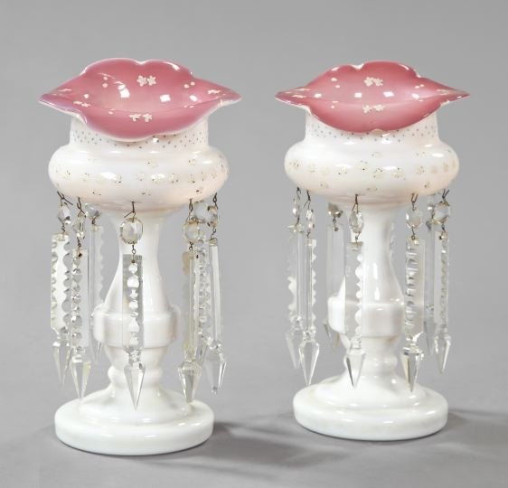 Anglo-Bohemian Enameled Lattimo Glass Lustres: Pair of Anglo-Bohemian Enameled Lattimo Glass Lustres, fourth quarter 19th century, the bowls with shaded rose interiors, dressed with period back-cut Albert glass spears, the rims petal gauffered, h.