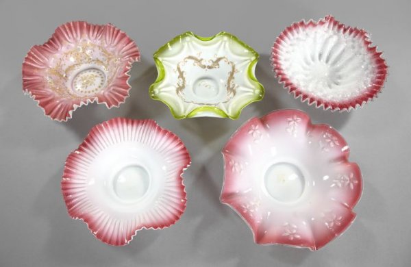 Collection of Five Anglo-American Glass Baskets: Collection of Five Anglo-American Glass Bride's Baskets, all fourth quarter 19th century, comprised of a parcel-gilt white opal example with an unusual chartreuse rim; an asymmetrical white opal examp