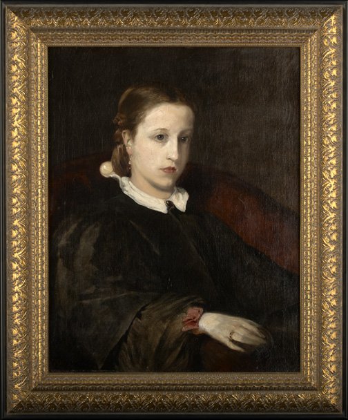 American School (Fourth Quarter 19th Century): American School (Fourth Quarter 19th Century) "Half-Portrait of a Lady in a Black Dress with White Collar", oil on canvas, unsigned, 26-1/2" x 21". Presented in a molded giltwood and ebonized frame.