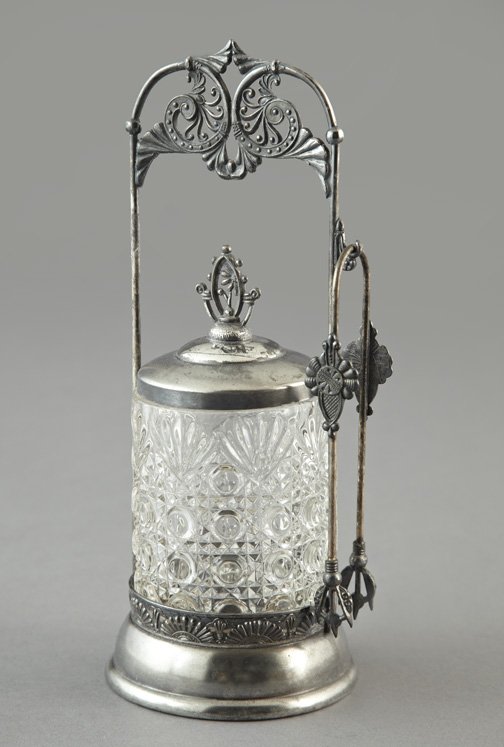 Silverplate-Framed Pressed Glass Pickle Castor: Silverplate-Framed Pressed Glass Pickle Castor, fourth quarter 19th century, by Van Bergen Silverplate Company, Rochester, New York, in "Daisy and Button" decor in the Aesthetic taste, retains the per