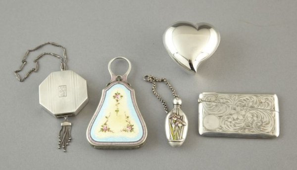 Collection of Five Silver Boxes,: Collection of Five Silver Boxes, consisting of an interesting four-piece collection of sterling silver accessories comprised of a cartouche-form enameled sterling lady's finger compact, first quarter 