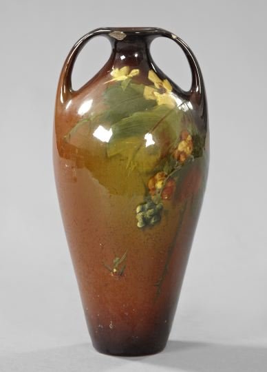 Roseville Pottery Rozane Ware Vase: Fine and Rare Roseville Pottery Rozane Ware Two-Handled Vase, first quarter 20th century, in floral decor, the base with full impressed marks and numerals impressed underglaze, h. 11", dia. 5-1/4".