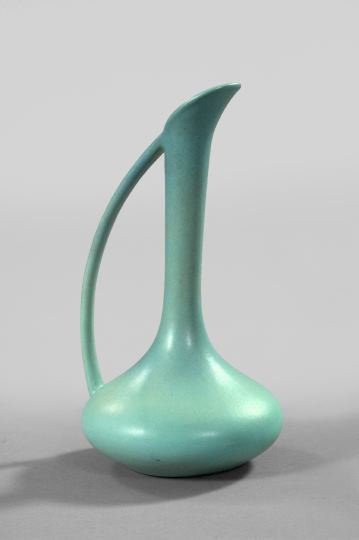 Van Briggle Pottery Cabinet Ewer: Van Briggle Pottery Vellum-Glazed Monochrome Sky-Blue Cabinet Ewer, second quarter 20th century, the base with impressed Van Briggle logo/incised script "Van Briggle/Colo.Spgs.", h. 11".