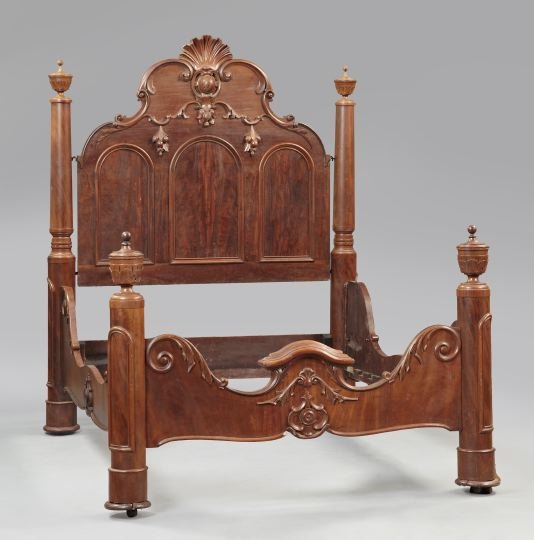 American Rococo Revival Mahogany Bedstead,: American Rococo Revival Mahogany Bedstead, mid-19th century, branded "C. Lee 23", the triple-arch headboard with a large shell- and fruit-carved crest mounted between two large turned posts, the rails