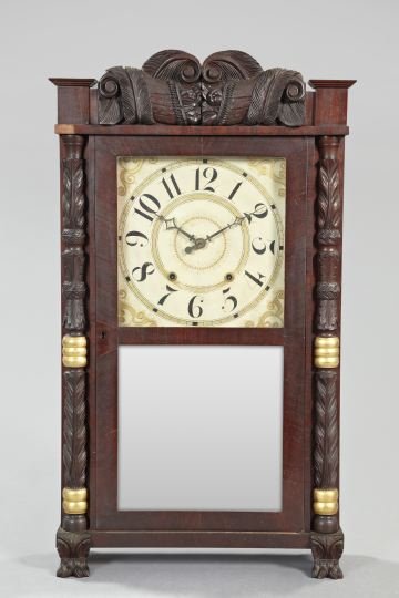 American Wall Clock,: American Wall Clock, first quarter 19th century, by Sol Jeromes and Company, Bristol, Connecticut, with an eight-day movement, double weighted, the painted face with Arabic numerals in a veneered maho