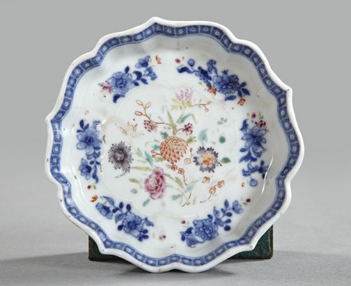 Chinese Export Porcelain Sweetmeats Dish: Chinese Export Blue and White Porcelain Sweetmeats Dish, fourth quarter 18th century, of diminutive size in floral decor, the center delicately polychromed with "Oriental Flowers" decor, dia. 4-1/4".
