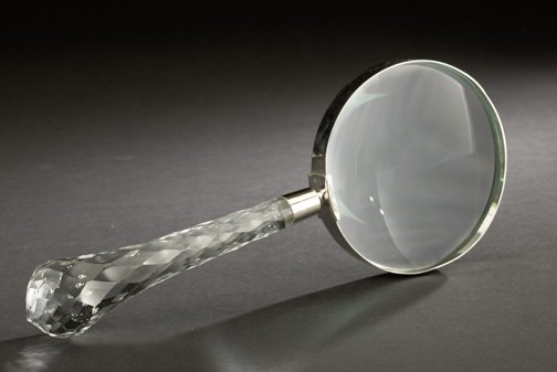 English Chromium and Glass Desk Magnifier,: English Chromium and Glass Desk Magnifier, of magnum size, the long glass handle lapidary cut, l. 14-1/2".
