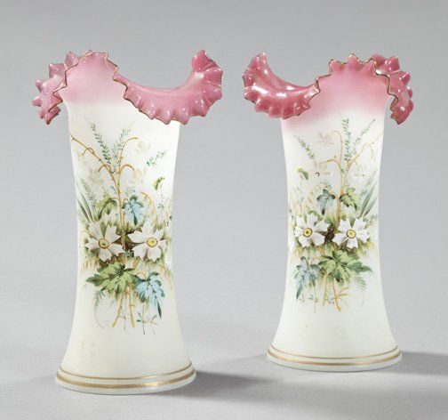 Pair of English Blown White "Bristol" Glass Vases: Pair of English Blown White "Bristol" Glass Vases, fourth quarter 19th century, of cylindrical form, acid finished and floral polychromed with shaded mulberry gauffered rims, h. 13-1/4", dia. 8".