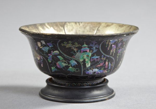 Tao Kuang Abalone Shell-Inlaid Black-Lacquer Bowl: Tao Kuang Abalone Shell-Inlaid Black-Lacquer Bowl, second quarter 19th century, cut and engraved in floral and "Lakeside Pavilions" decor, the interior of the bowl in silver lacquer, now tastefully di