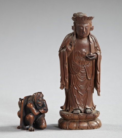 Group of Two Oriental Carved Wood Items,: Group of Two Oriental Carved Wood Items, one a Chinese well-carved fruitwood Bodhisattva, the proper right hand raised in benediction, second quarter 19th century, h. 6-1/2"; and the other a diminutiv