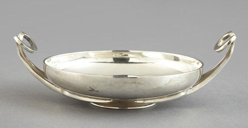 Lalounis, Athens, Greece, Sterling Sweetmeat Bowl: Fine Lalounis, Athens, Greece, Sterling Silver Sweetmeat Bowl, third quarter 20th century, of circular two-handled form in the classical taste, w. 7-3/8", dia. 5-1/2", 8.50 t. oz.