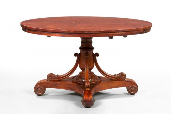 William IV Mahogany Low Table,: William IV Mahogany Low Table, second quarter 19th century, the ovoid tilting top supported by a vasiform pedestal with scrolling and foliate-carved brackets joined to a concave base on scroll feet, h