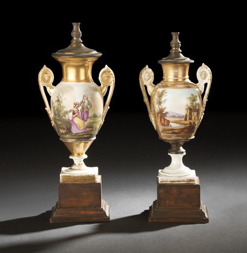 Diminutive Pair of Paris Porcelain Garniture Vases: Diminutive Pair of Paris Porcelain Garniture Vases, first quarter 19th century, of two-handled form in the neoclassical taste, each vase with an obverse Italianate landscape reserve and a reverse gala