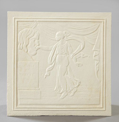 French Cast-Iron Bouche de Verite Fireplace Back: French Bas-Relief Cast-Iron Bouche de Verite Fireplace Back, second quarter 19th century, in the neoclassical taste, now painted in antique white, h. 24", w. 24".