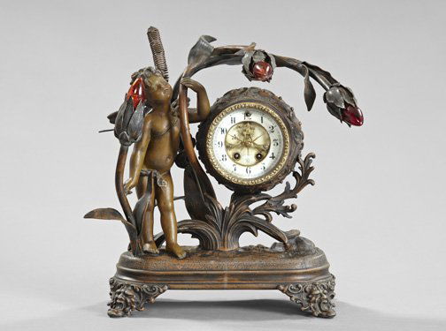 French Patinated Spelter Figural Mantel Clock: French Patinated Spelter Figural Mantel Clock/Lamp, fourth quarter 19th century, in the style of Augustin Moreau (French, 1822-1912), the figure a scantily draped infant female sprite clutching floral
