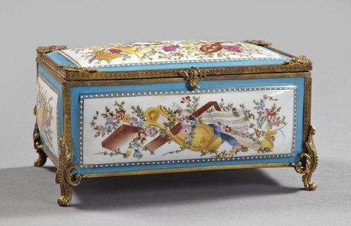 Gilt-Brass-Mounted Porcelain Jewel Casket,: Gilt-Brass-Mounted Porcelain Jewel Casket, first quarter 20th century, in the Louis XVI Sevres style, the interior fully lined in padded ivory satin, the five porcelain plaques featuring polychromed "