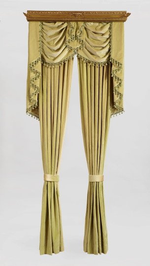 Victorian-Style Velvet Draperies and Cornices: Suite of Six Victorian-Style Velvet Draperies and Giltwood Cornices, in the Louis XV taste, each comprised of a giltwood over-window cornice, a pleated and fringed olive green velvet valance, and a pa