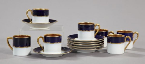 Fourteen-Piece Set of Bayern Parcel-Gilt Porcelain: Fourteen-Piece Set of Bayern Parcel-Gilt Porcelain, second quarter 20th century, composed of seven cobalt blue and white after-dinner coffee cups of cylindrical form, h. 2", and seven matching saucers
