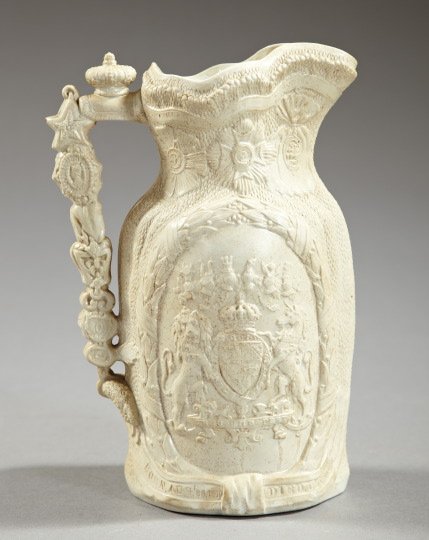Rare English Buff Salt-Glazed Stoneware Portrait J: Rare English Buff Salt-Glazed Stoneware Portrait Jug, dated 1862, the obverse featuring Albert, the Prince Consort, and the reverse the Royal Arms, the handle modeled as a partial Order of the Garter 