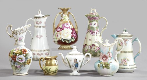 Eight-Piece Collection of Porcelain,: Eight-Piece Collection of Porcelain, consisting of an Austro-German parcel-gilt and polychromed porcelain hot chocolate pot in "Les Roses" decor, first quarter 20th century; a Nippon richly enameled a