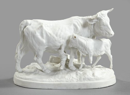 Richard Eckert, Volkstedt, Biscuit Porcelain Group: Good Richard Eckert, Volkstedt, White Biscuit Porcelain Group, fourth quarter 19th century, depicting a cow and calf, the interior of the base marked with the blue crossed "pitchforks" of the Eckert f