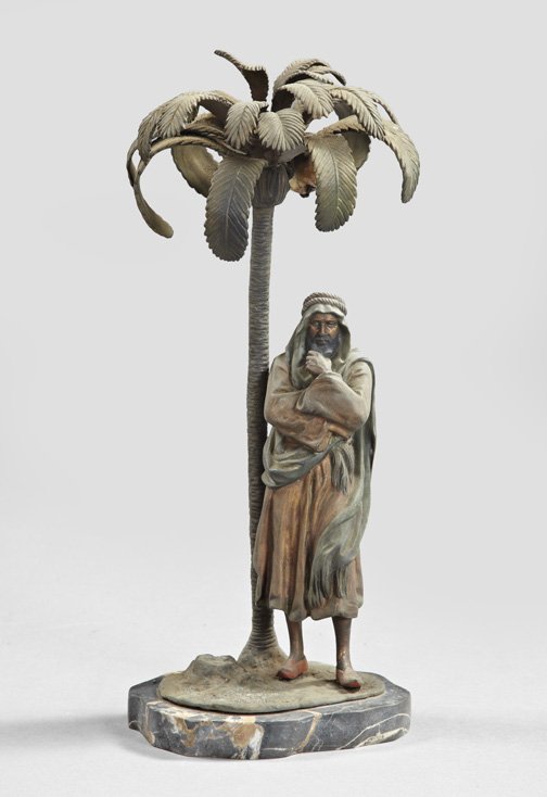 Vienna Bronze Polychromed Accent Lamp,: "Vienna Bronze" Polychromed Accent Lamp, fourth quarter 19th century, depicting a pensive Arab standing beneath an oasis palm, presented on a satin-polished Portor marble base, the single-light socket