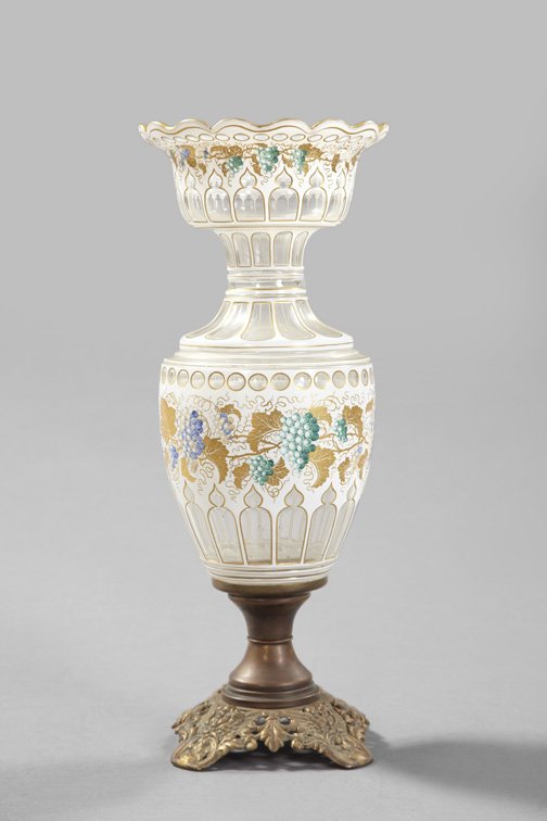 Bohemian Brass-Mounted White Overlay Glass Vase: Bohemian Brass-Mounted White Overlay Glass Vase, fourth quarter 19th century, cut, polychromed and parcel gilded in "Vintage" decor, the prominent lip of bowl form with a gently everted rim and undula