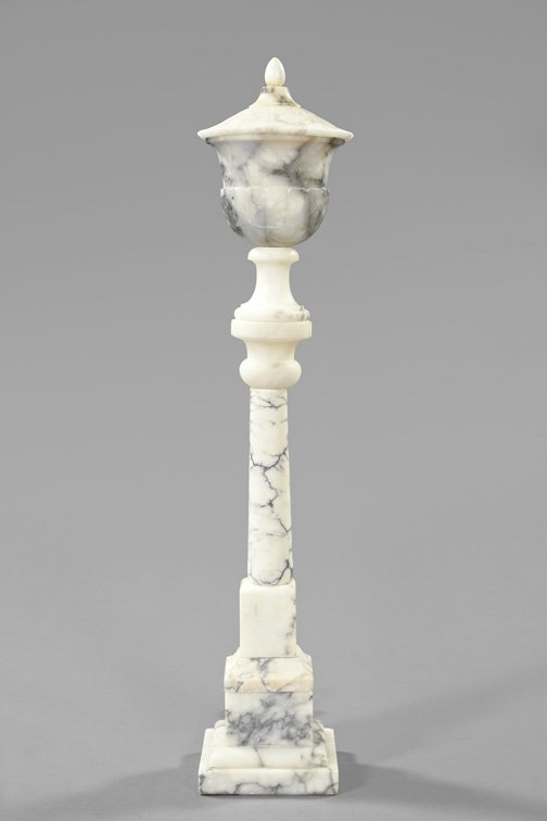 Italian Carrara Marble and Alabaster Luminaire: Italian Carrara Marble and Alabaster Luminaire, first quarter 20th century, of columnar lantern form, the campana-form bowl with a conforming cover surmounted by an oviform alabaster finial, h. 34".