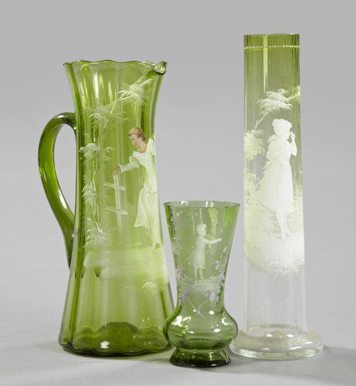 Group of Three "Mary Gregory" Glass Items,: Group of Three "Mary Gregory" Glass Items, consisting of a tall "Mary Gregory"-enameled Bohemian glass pitcher in "Strolling Girl" decor, attributed to the Muhlhaus Glassworks, fourth quarter 19th cen