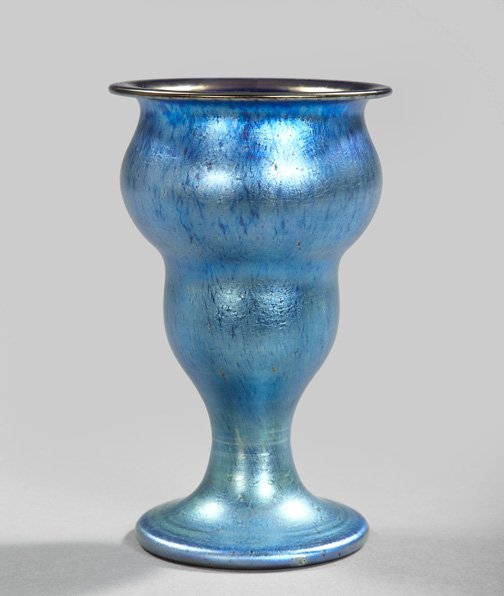 Good American Iridescent Blue Glass Tapered Vase: Good American Iridescent Blue Glass Tapered Vase, first quarter 20th century, attributed to the Loetz Art Glass Company, unsigned, h. 9", dia. 5-1/4".