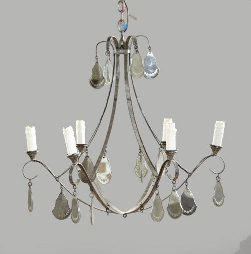Northern European Silvered Wrought-Iron Chandelier: Northern European Silvered Wrought-Iron Five-Light Chandelier, of modified cage form, dressed with large wrought wire-framed mirrored glass pendalogues and fitted with large white faux candles, electr