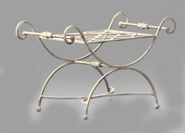 Neoclassical-Style Polychromed Iron Window Seat: Neoclassical-Style Polychromed Iron Window Seat, the lattice-pattern slatted seat flanked on either side by outscrolled arms, raised on a curule-form base ending in ball feet, h. 20-1/4", w. 32-3/4", 