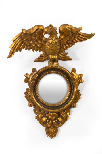 Northern European Circular Looking Glass,: Northern European Circular Looking Glass, fourth quarter 19th century, in the neoclassical style, the circular plate crested with the figure of a stylized displayed eagle, probably Scandinavian, h. 37