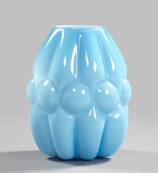 Striking French Art Deco Mold-Blown Glass Vase: Striking French Art Deco Mold-Blown Glass Vase, second quarter 20th century, of truncated and ribbed oviform, in cased periwinkle blue over white, h. 12", dia. 9".