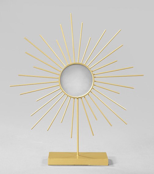 Circle of Harry Bartoia (American, b. Italy): Circle of Harry Bartoia (American, b. Italy, 1915-1978) "Harvest Gold", rare and unusual lacquered wrought-metal dressing table mirror of sunburst form in the Retro style, ca. 1950-1955, the reverse c