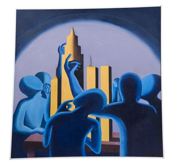 Attributed to Mark Kostabi (American, b. 1960): Attributed to Mark Kostabi (American, b. 1960) "The Empire", oil on canvas, unsigned, 48" x 48". Presented in a white-painted wood frame. Provenance: Private collection, Navarre Beach, Florida.