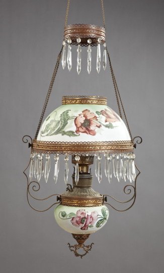 American White Opal Glass Hanging Kerosene Lamp: American White Opal Glass Hanging Kerosene Lamp, fourth quarter 19th century, gilt-brass mounted and hand-painted in "Poppies" decor, the reticulated brass shade ring dressed with panel- and facet-cut