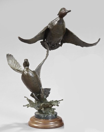 William H. Turner (American/Onley, Virginia): William H. Turner (American/Onley, Virginia, Contemporary) "Green-Winged Teal Pair", a large and dramatic patinated bronze group, number 19 from a limited edition of 25, 1986, signed on the bronze sup
